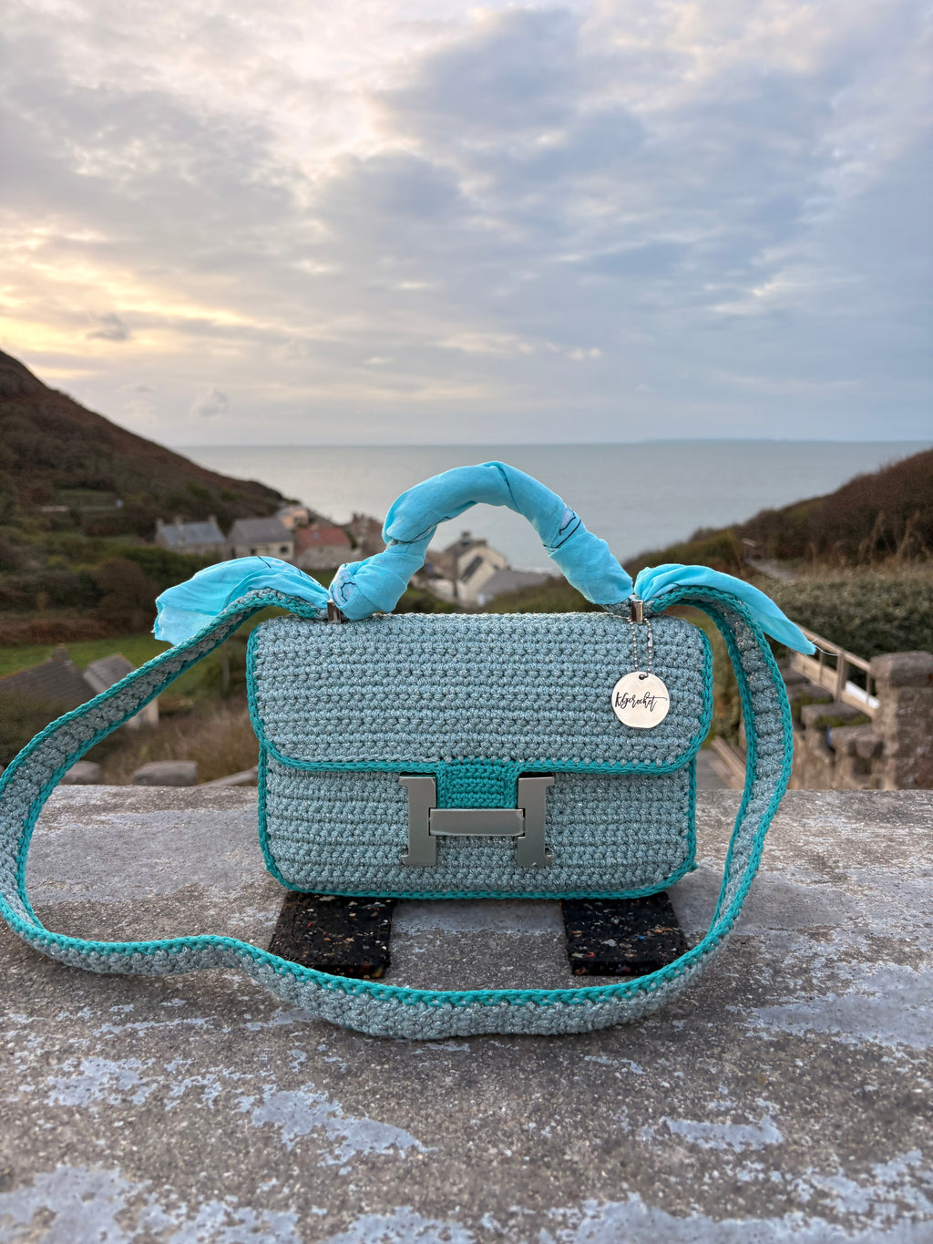 OLGA — Sac au crochet fait main bleu grisé