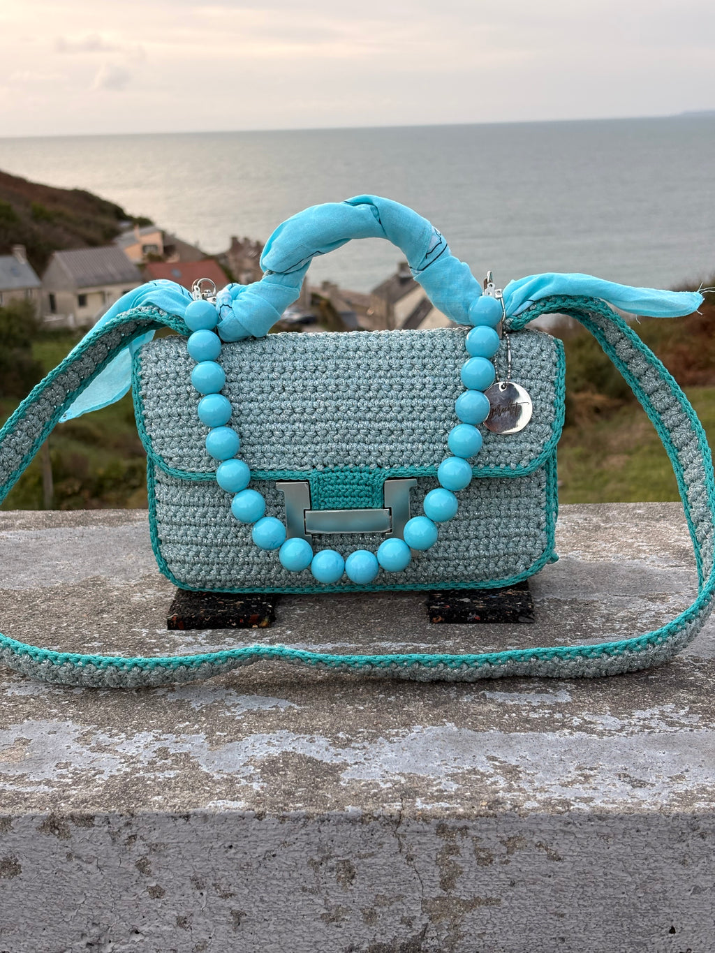 OLGA — Sac au crochet fait main bleu grisé