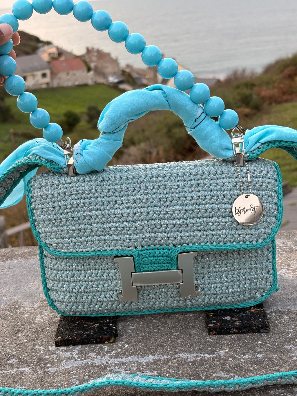 OLGA — Sac au crochet fait main bleu grisé