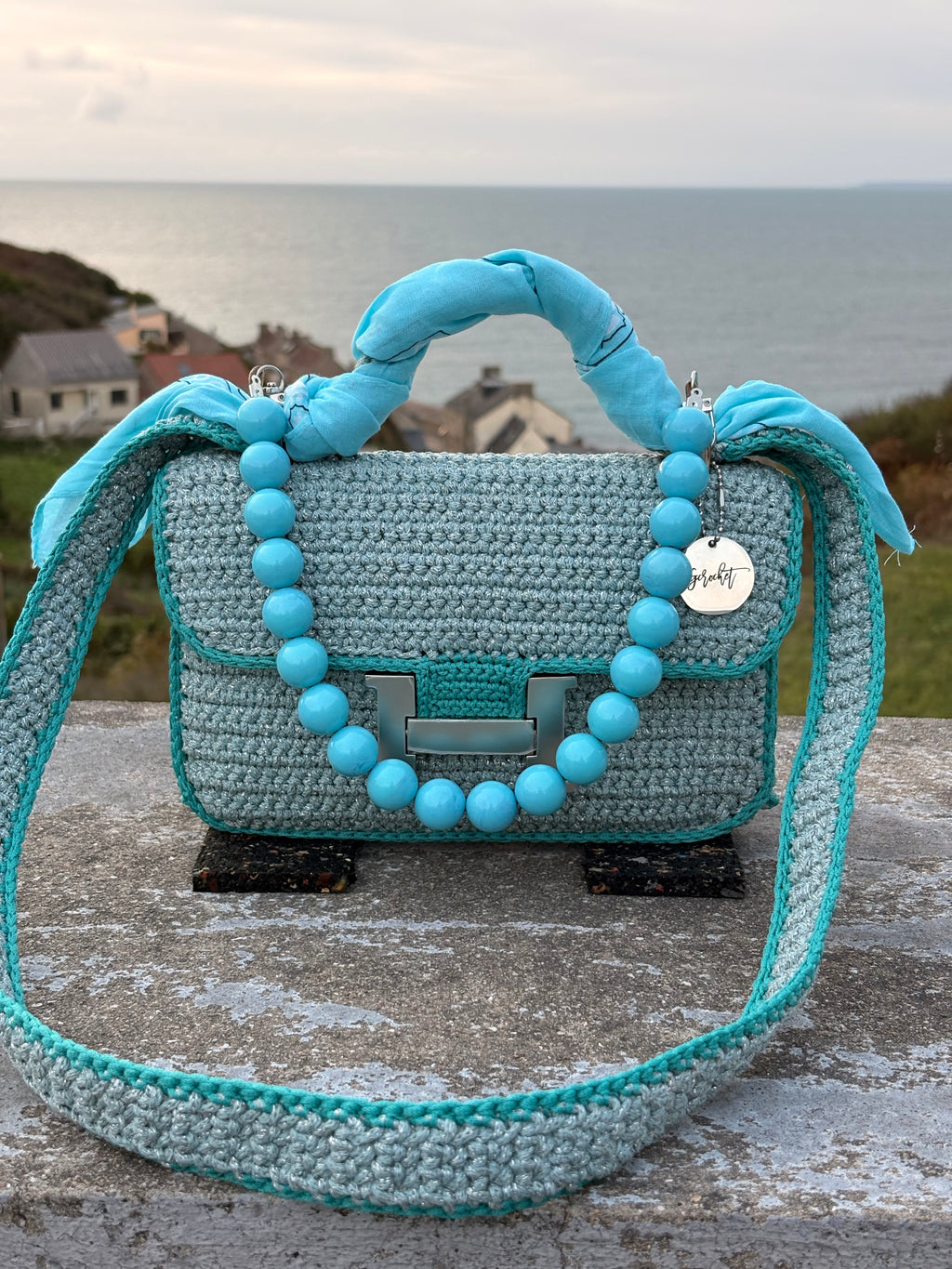 OLGA — Sac au crochet fait main bleu grisé